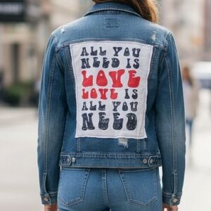 EUC ALL YOU NEED IS LOVE… Upcycled Vintage Sojara Denim Jacket  No Size